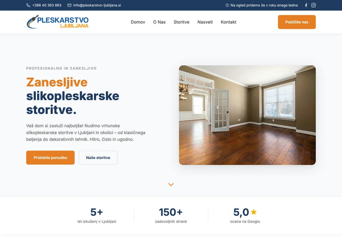 Spletna stran Pleskarstvo Ljubljana – referenca Aurelia Marketing